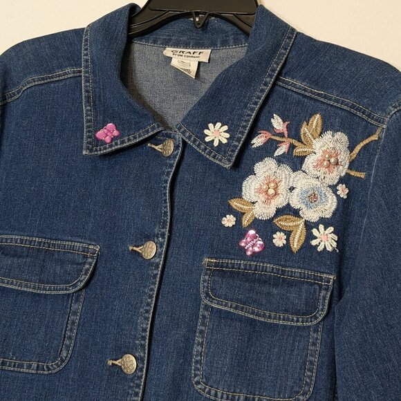 GRAFF by UM Company, Blue Denim Button Shirt Jacket w Floral Bling; Size PL - Picture 2 of 5